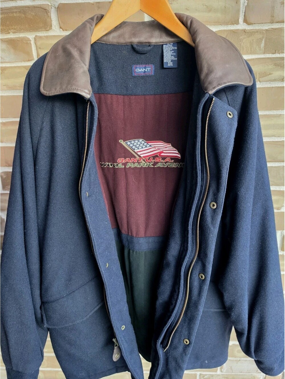 GANT USA Wool Park Avenue Coat Mens XL Navy Blue Leather Collar Flag Lining